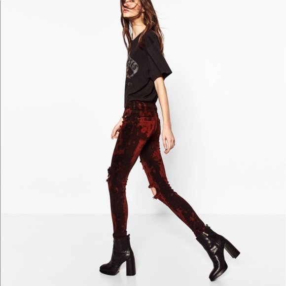 ZARA Red/Black Distressed Jeans - Picture 2 of 6